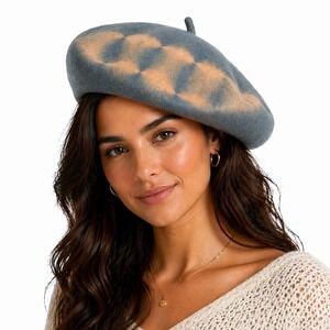 Free People Wool Blend Tie Dye Beret Hat Gray Blue Boho Chic Parisian Academia